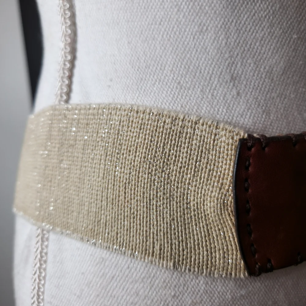 NWT$25 Stretch Belt Leather Brown Double Prong Nickel Buckle SZ L/XL